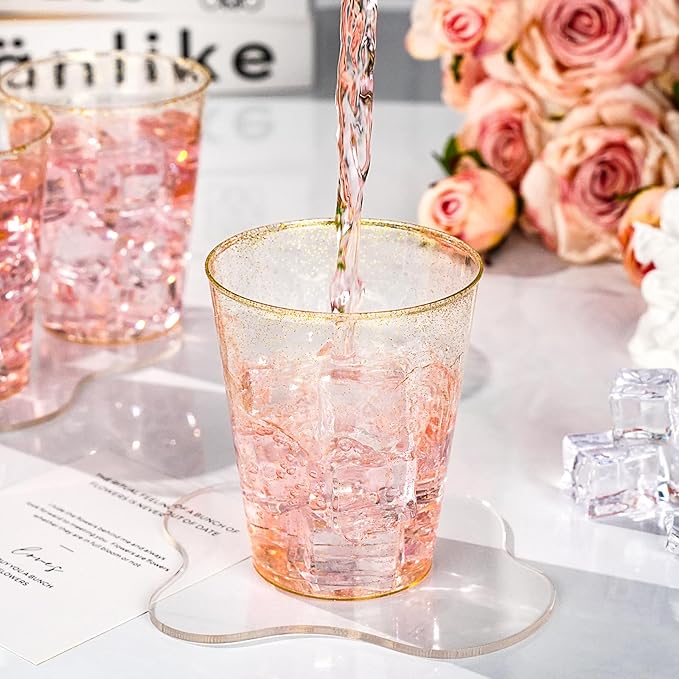 Goodluck 10 oz 100 PCS Gold Glitter Plastic Cups, Disposable Glitter Cups, Elegant Plastic Cocktail Glasses, Fancy Party Cups for Wedding, Birthday, Holiday