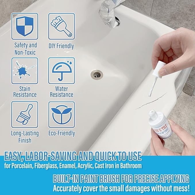 Specialty Tub and Tile Paint, High-Gloss Bathtub Paint White, Quick-Dry Porcelain paint for Scratches & Chips on Fiberglass, Porcelain, Acrylic, Enamel, Cast Iron, Bathtubs, Tiles, Sinks and Toilets(White)