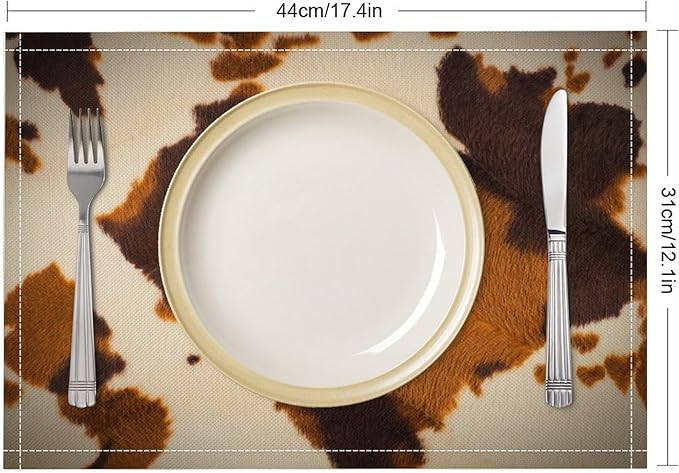 Cow Print Placemats,Farm Animal Brown Cowhide Print Place Mats,Western Highlands Pattern Kitchen Table Mats for Dining Kitchen Party Holiday Decor 12x18 in Set of 6