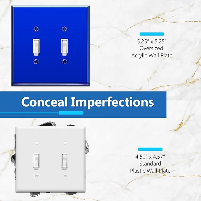 LIDER Double Toggle Switch Acrylic Wall Plate, Mirrored Dual Light Switch Plate, Plexiglass Switch Cover, Reflective Finish, Modern Decoration Upgrade, Oversized 2-Gang 5.25" x 5.25", Blue, 5 Pack