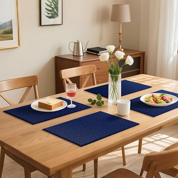 Blue Forest Placemats Set of 8, Dual-Layered Thickened Faux Line Table Mats Heat Resistant Machine Washable Wrinkle Free Place Mats for Kitchen Dining Outdoor/Indoor (NavyBlue)