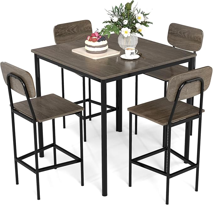 COSTWAY Dining Table Set for 4, 5-Piece Square Kitchen Nook Dinette Set with 4 Bar Stools with Footrest, Backrest, Space-Saving Design, Industrial Kitchen Table and Chairs for Apartment, Grey