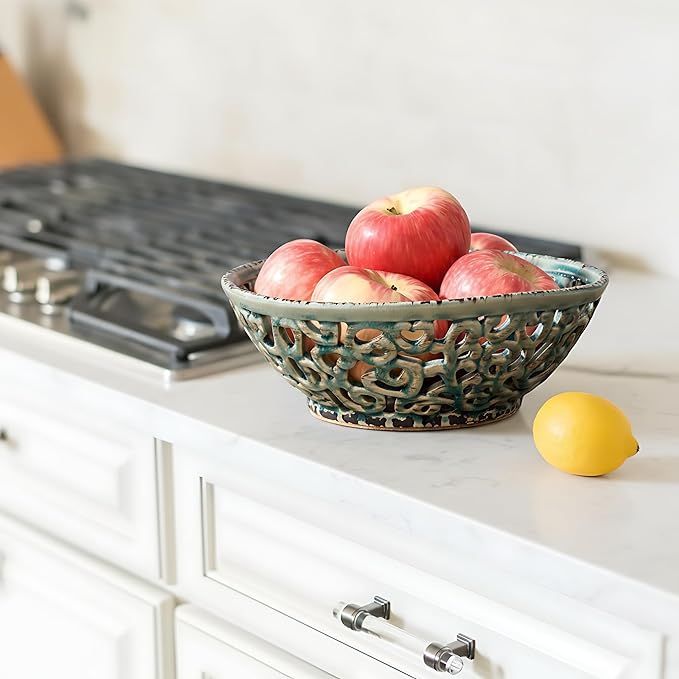 SIDUCAL Ceramic Fruit Bowl for Kitchen Counter,Decorative Fruit Basket with Holes, 10.43" Large Hollow Out Fruit Vegetable Holder Bowl for Table Decor, Gray