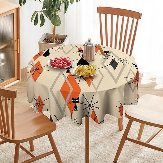 Retro Boho Modern Black Cat Round Tablecloth, Mid Century Boho Moon Abstract Geometric Leaf 50s 60s Style Tablecloth for Home Party Dining Room Kitchen Decor 50Inch(127cm)