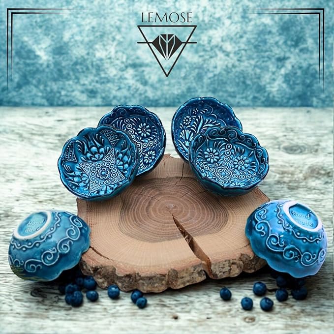 Handmade Decorative Turkish Ceramic Mini Pinch Bowls Set of 6 – Small Dipping & Serving Sauce Bowls, Blue Charcuterie Accessories, Hand-Painted Floral Pattern Snack Dishes for Kitchen & Table Decor