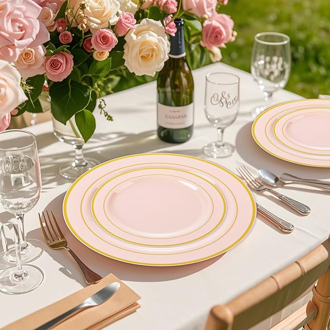 GATHER 350PCS Pink Plastic Plates - Disposable Plastic Dinnerware Set Include 100 Pink Plates, 150 Silverware, 50 Napkins, 50 Cups for Party & Wedding & Valentine's Day
