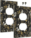 Outlet Covers Black/Gold Boho Botanical Floral Rustic Flowers 1 Gang Duplex Light Switch Cover Plate Decorative Wall Plates Electrical Switchplate Receptacle for Bathroom Kitchen Decor（2 Pack）