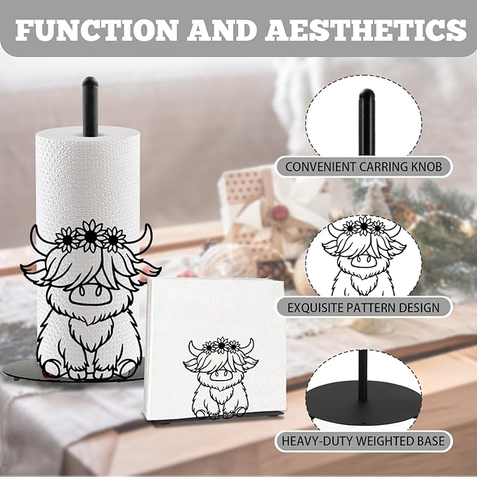 Highland Cow Paper Towel Holder Countertop Kitchen Decor Indoor with Round Base, Iron Rustic Highland Cow Napkin Holder Stand Accessories for Bathroom Kitchen Dining Farmhouse, 2 PCS