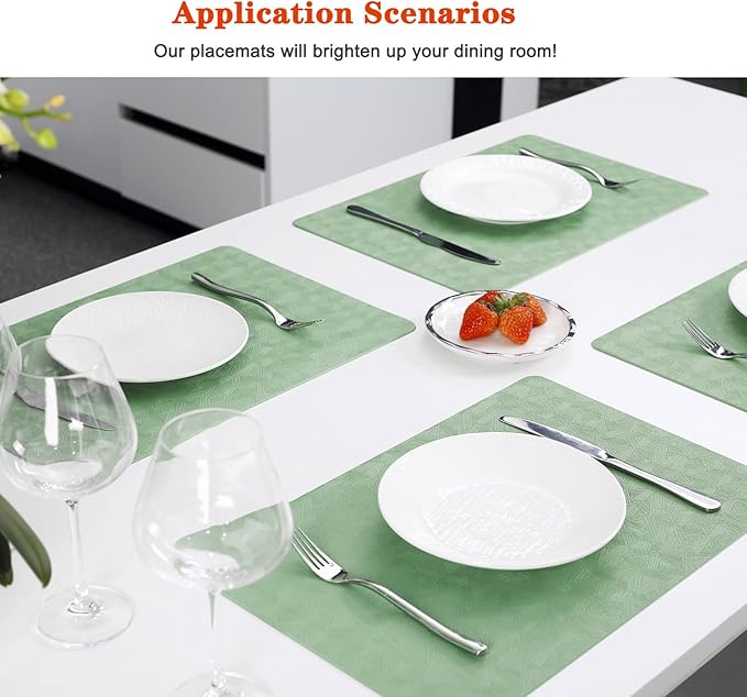Vinyl Placemats Set of 12 Heat Resistant Easy Clean Non-Slip Place Mats for Dining Table Faux Leather Waterproof Stain Resistant Wipeable Washable PVC Table Mats(12, Green)