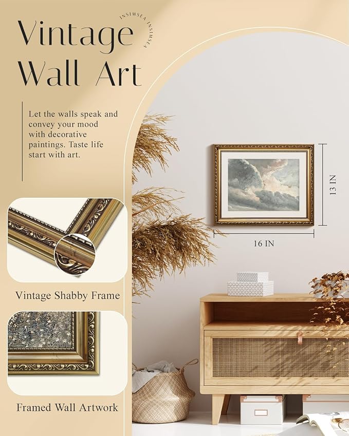 InSimSea Retro Gold Framed Wall Art, Home Room Meadow with Flowers Vintage Wall Decor, Canvas Print Artwork, Farmhouse Country Decor, Antique Picture Frame Landscape Paintings, 13x16 Inch