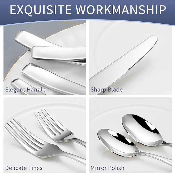 40 Piece Stainless Flatware Sets for 8, 18/10 Heavy Stainless Steel Flatware, Heavy Duty Silverware Set, High End Flatware, Mirror Satin, Dishwasher Safe, Ideal for Gift