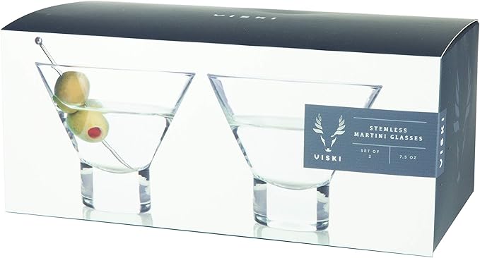 Viski Heavy Base Stemless Martini Glasses Set of 2 - Premium Short Crystal Cocktail Glass Gift Set, 7.5 oz.