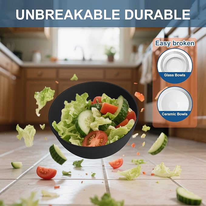 Ramen Bowl 26oz, Unbreakable Wheat Straw Bowls Sets of 6, Plastic Bowl Reusable, Microwave & Dishwasher Safe Cereal Bowls for Kitchen, Dorm, Office- Black