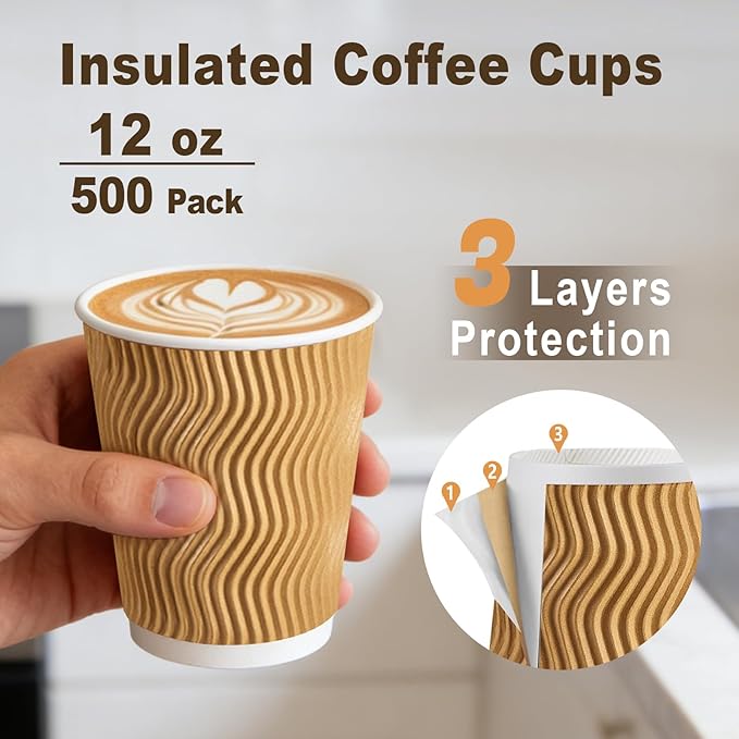 500 Pack 12 oz Coffee Cups, Disposable Corrugated Insulated Ripple Wall Paper Coffee Cups 12oz for Hot or Cold Drinks Office Home Cafe Party Travel (Champagne)