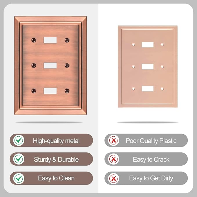 Metal Wall Plate for Electrical Outlets, Decorative Antique Copper Switch Plates Outlet Cover, Light Switch Cover Plate, 3-Gang Wall Plates (Triple Toggle, 1 Pack)