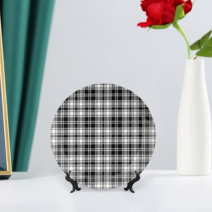 Ceramic Plates, Abstract Decor Decorative Ceramic Plates, British Tartan Stripes Pattern, 7 Inch, Household Plates Decorative, Black White