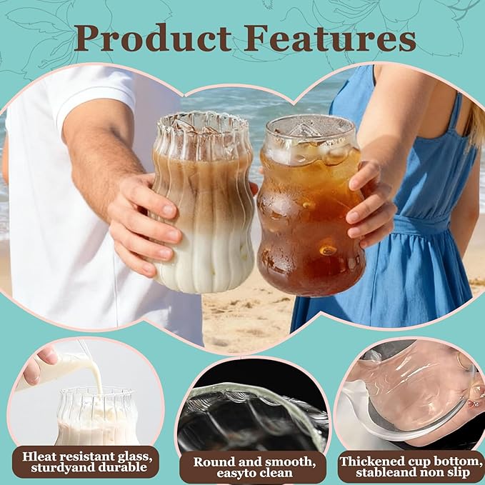 2 Pcs Ribbed Glass Cups, 18 Oz Vintage Drinking Glassware with Wave Shape Design, Bubble Cups for Iced Coffee, Juice, Beverage, Milk, Cocktails, Bubble Tea, and More