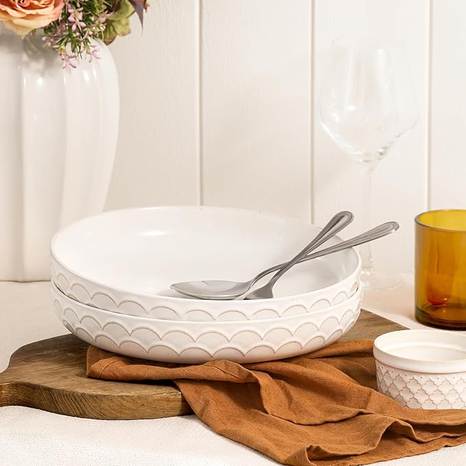 DOWAN Large Pasta Bowls Set of 4, 54 oz Embossment Salad Serving Bowls, Ceramic Plates, White Soup Bowl for Kitchen Meal Prep, Shallow Dishes Dinner Bowl Microwave Tableware
