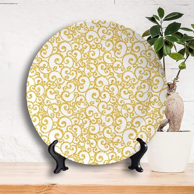 Decorative Plates, Victorian Print Ornament, Swirling Lines Floral, 7 Inch, Kitchen Wall Decor, Golden
