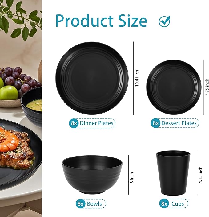 Supernal Wheat Straw Dinnerware Sets,Plates and Bowls Set, Dish Sets for 8, Unbreakable Plate for 8 Dishwasher Safe,Reusable Dinnerware Black-16pcs Plates, 8pcs Bowls, 8pcs Cups.