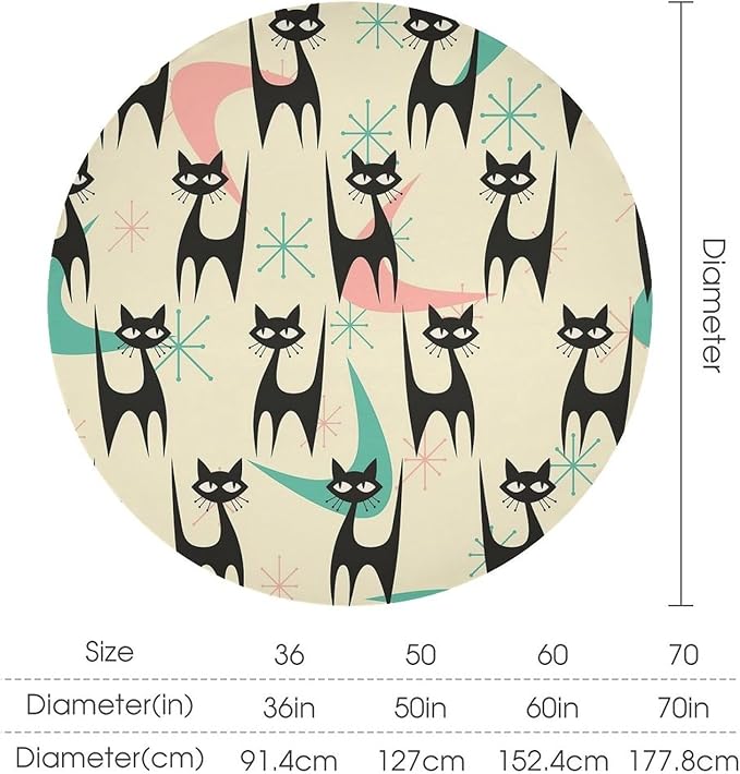 Mid Century Colorful Modern Cat Round Tablecloth, Medieval Bohemian Abstract Animal Tablecloth for Home Party Dining Room Kitchen Decor 70Inch(178cm)