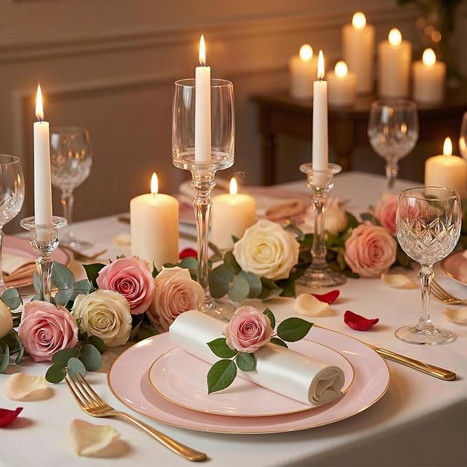 WDF 150Pcs Pink Plates Disposable - Pink and Gold Plastic Plates 25guest Disposable Dinnerware Include 25 Dinner Plate, 25 Dessert Plate, 25 Cutlery & 25 9oz Cups for Wedding, Party, Valentine's Day