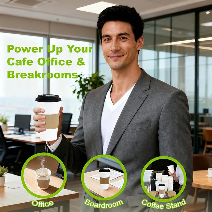 100 Pack 16 oz Disposable Coffee Cups with Lids and Sleeves, To Go Coffee Cups with Lids, Leak-Proof Hot Coffee Cups, PLA White Paper Coffee Cups for Hot Beverage