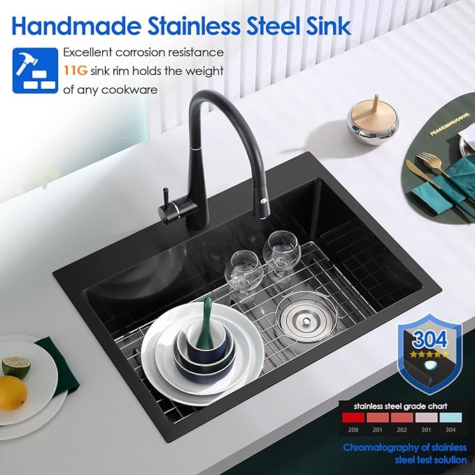 22x18x9 Inch Drop in Kitchen Sink, Handmade 304 Black Stainless Steel Sink, Centre-Offset Drain, R10 Tight Corner, Topmount Kitchen Sink with Strainer & Bottom Grid