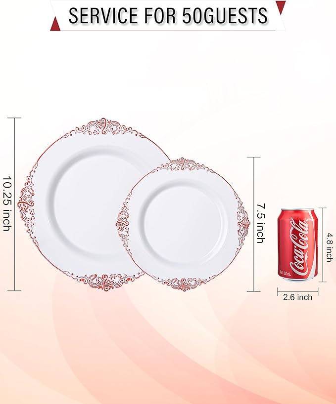 Nervure 100Pcs White and Red Plastic Plates - Heavyweight Red Disposable Plates - Plastic Plate Include 50Pcs 10.25inch Dinner Plate & 50Pcs 7.5inch Dessert Plate for Wedding & Party