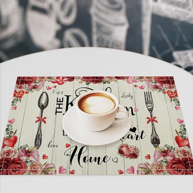Retro Farmhouse Placemat Set, Romantic Pink Rose Floral Rural Plank Art Sketch Cutlery Knife Fork Inspirational Quotes Pattern Home Decor Linen Table Mats for Dining Room Kitchen Party (17x12in) x4P