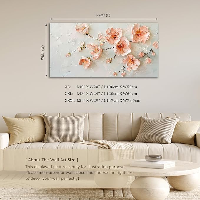 ADJUVANT Wall Art Impressionist Pink Floral 60"L x 30"W, Cherry Blossoms Canvas Painting Soft Petals Artwork Pastel Tones Prints Spring Flowers Wall Decor for Living Room Bedroom Bathroom Home Office