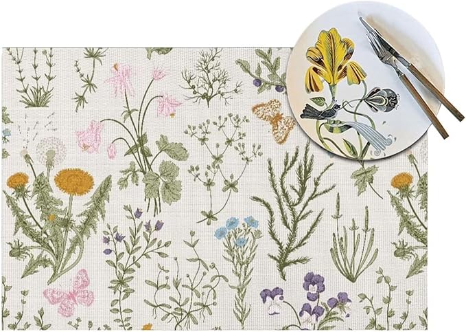 Placemats Set of 6 Vintage Wildflower Herbs Floral Rustic Butterfly Place Mats Floral Woven Table Mats Washable PVC Placemat for Dining Kitchen Decor Indoor Outdoor, 12 x 18 Inch