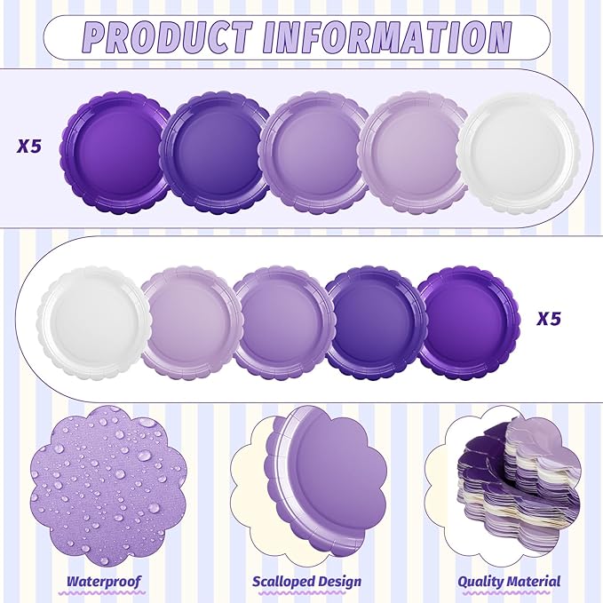 110 Pcs Purple Plates and Napkins Tableware Set Serve 25 Guests Includes Scalloped 9" 7" Paper Dessert Dinner Plate Purple Series Napkins for Spring Birthday Wedding Baby Shower Tea Party