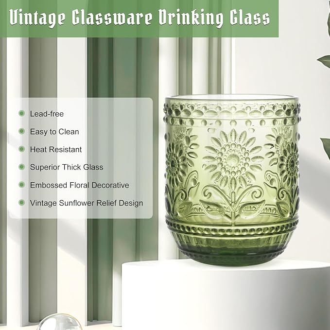 Topsky Vintage Drinking Glass Set of 6,12 oz Embossed Floral Decorative Glassware Set,Glass Cups Wine Glasses Beverages Tumblers Colored Glassware for Whisky,Beer,Juice,Cocktail,Heavy Duty