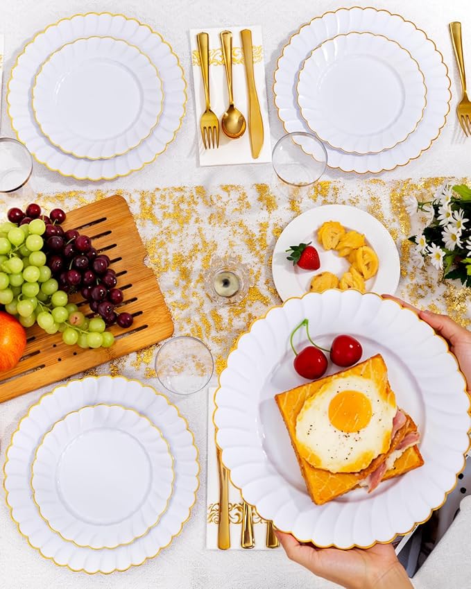YOUBET 175PCS Gold Scalloped Plastic Plates - White and Gold Disposable Dinnerware Set Include 50 Plates, 75 Gold Silverware, 25 Cups, 25 Napkins for Party & Wedding