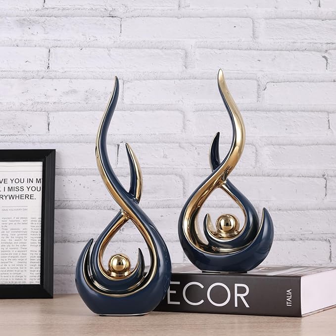 Ceramic Abstract 2 Piece Statue Set, Blue and Gold Home Decor Accents for Home Decor Statue Mantel Shelf Decor Unique Shelf Decor on Mantel, TV Cabinet Divider Table Top and Dining Table Centerpiece.