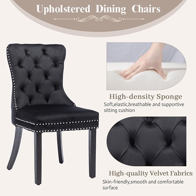 KCC Velvet Dining Chairs Set of 6, Upholstered High-end Tufted Dining Room Chair with Nailhead Back Ring Pull Trim Solid Wood Legs, Nikki Collection Modern Style for Kitchen, Black