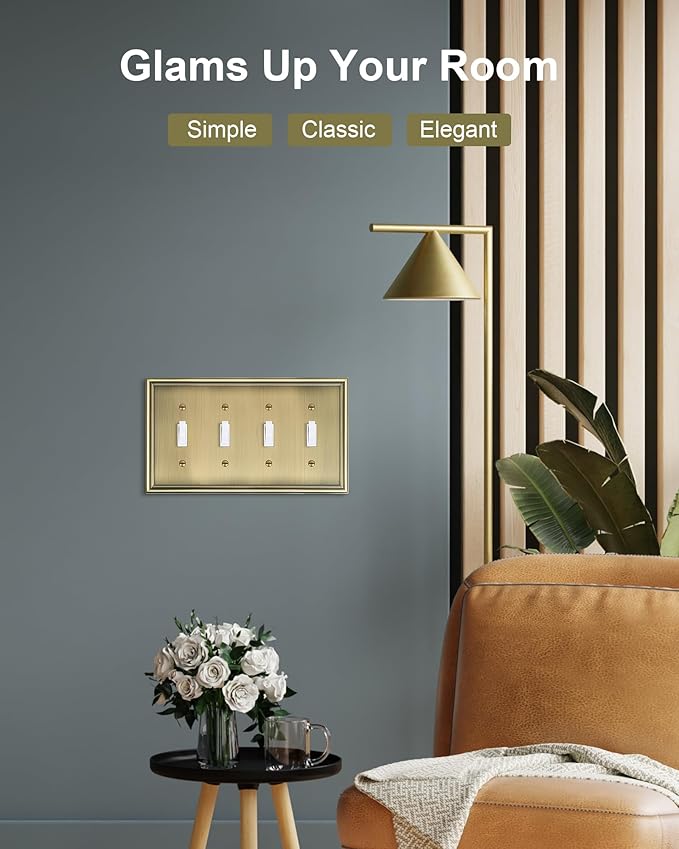 2-Pack Quad Toggle Light Switch Cover Plate, Durable Zinc Alloy Decorative Switch Plate Covers, Antique Brass 4 Gang Wall Plate for Toggle Light Switch and Rotary Dimmer Switch