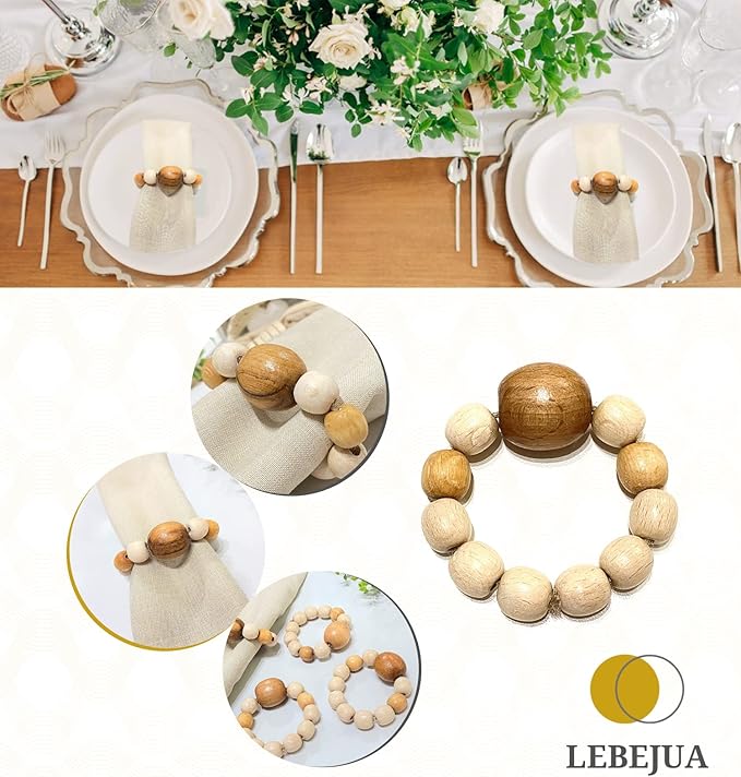 Napkin Rings Set of 6 - Wooden Beads Napkin Rings | Rustic Wooden Napkin Ring Holder for Table Decoration Handmade LEBEJUA Napkin Ring with Wood Beads & Napkin Holder with Jute Twine