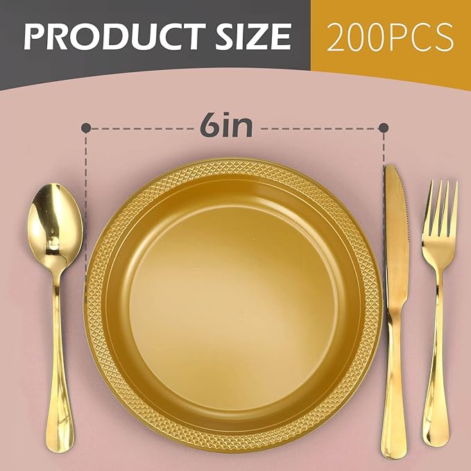 Zopeal 200 Pcs Gold Plastic Dessert Plates 6 Inch Round Gold Disposable Plates Heavy Duty Wedding Dinner Tableware for Birthday Party Dinner Picnic Salad, Appetizer Party Supplies