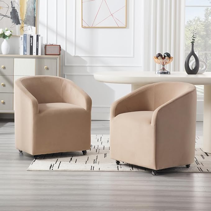 Modern Barrel Dining Chairs with Rolling Casters Set of 2, Upholstered Velvet Swivel Dining Room Chairs with Wheels for Kitchen Living Room Home Office, Khaki
