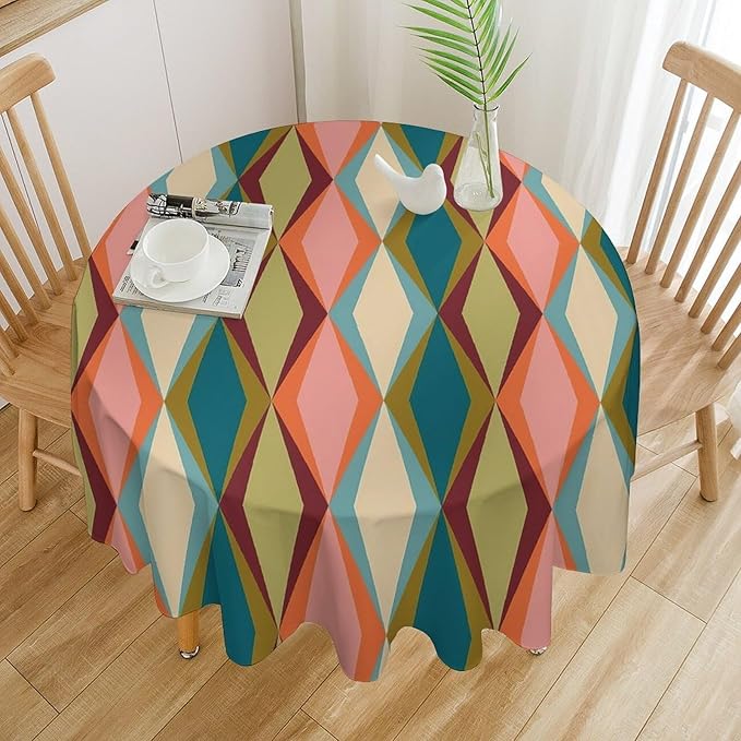Abstract Geometric Boho Round Tablecloth, Retro Modern Mid Century Tablecloth for Home Party Dining Room Kitchen Decor 70Inch(178cm)