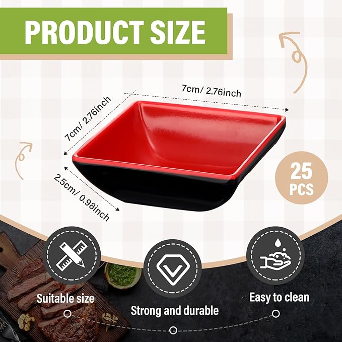 Hushee 25 Pcs Dipping Bowls Soy Sauce Dishes Dipping Sauce Cups Serving Plate Set Black Red Side Small Dish Pinch Bowls for Condiment, Soy, BBQ, Desserts(Square)