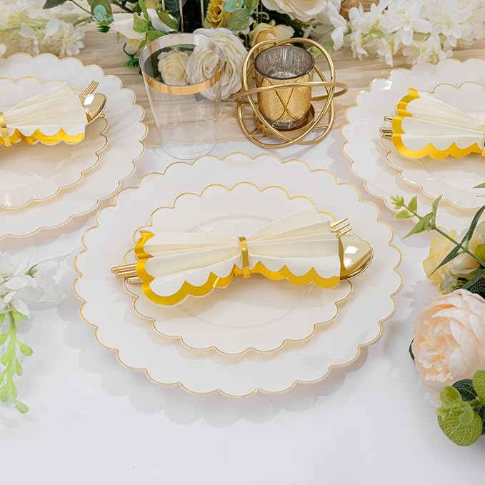 LIYH 210 Pcs Ivory Plastic Plates Scalloped Plastic Plates Disposable Dinnerware Set Cream Gold Scalloped Plate Include Plate Gold Silverware Napkins Cup for Birthday Valentine's Day 30 Guests