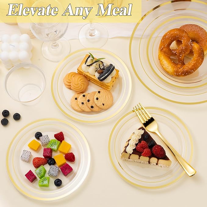 BESTSTAR 100PCS Clear Gold Plastic Plates Set, 50 10.25 inch Dinner Plates and 50 7.5 inch Dessert Plates, Disposable Plates for Party, Wedding