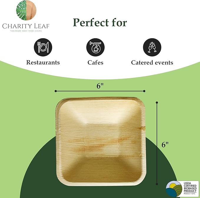 Charity Leaf Disposable Palm Leaf 6" Square Bowl (1000 pcs) Dipping Bowls | Bamboo Like| All Natural and Biodegradable | Charcuterie Boards, BBQs, and Parties