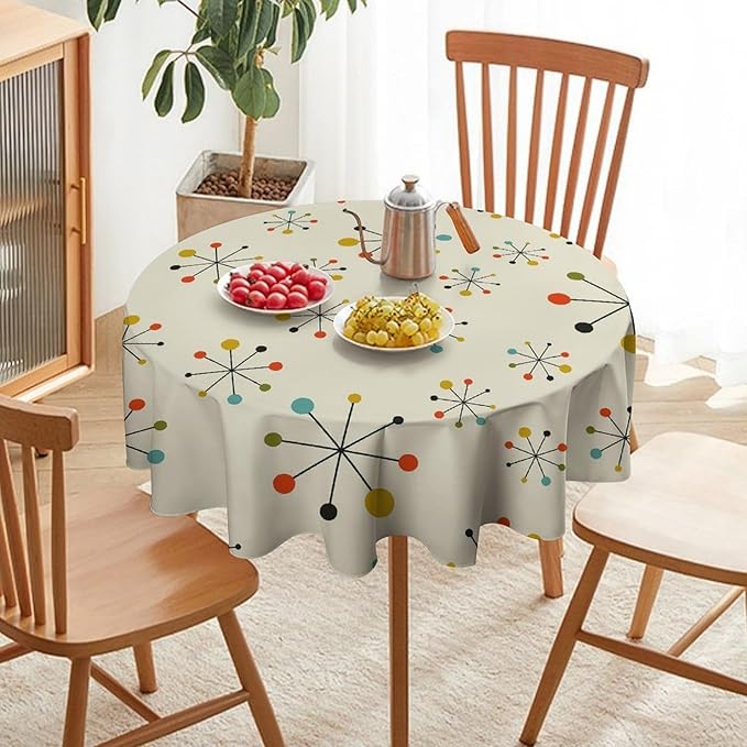 Medieval Round Tablecloth, Boho Mid Century Abstract Modern Retro Colors Pattern Tablecloth for Home Party Dining Room Kitchen Decor 70Inch(178cm)