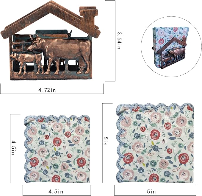 Metal Napkin Holder for Table, Heavy Dudty Rustic Farmhouse Cow & Calf Napkin Holder for Table Napkins, Vintage Metal Tissue Napkin Dispenser, Napkin Table Decor for Kitchen Coffee Shop Bar