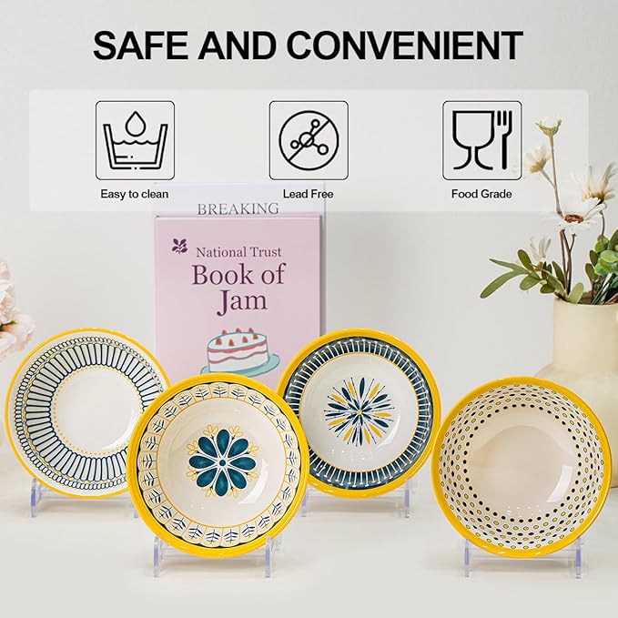 Yeacccng Cereal Bowls Set of 4, 27 Oz Colorful Cereal Bowls, 6.14 Inch Ceramic Soup Bowls for Soup, Cereal, Oatmeal, Fruit, Pasta, Scratch-Resistant, Lead-Free, Dishwasher & Microwave Safe