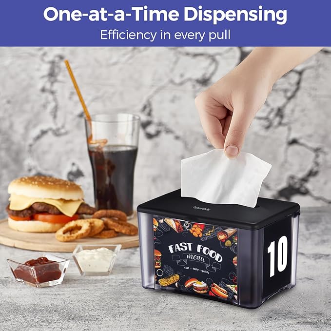 Interfold Tabletop Napkin Holder, Commercial Restaurant Napkin Dispenser with 4-Sided Marketing Insert Display, Easy-Access Black Napkin Dispenser for Counters & Tables